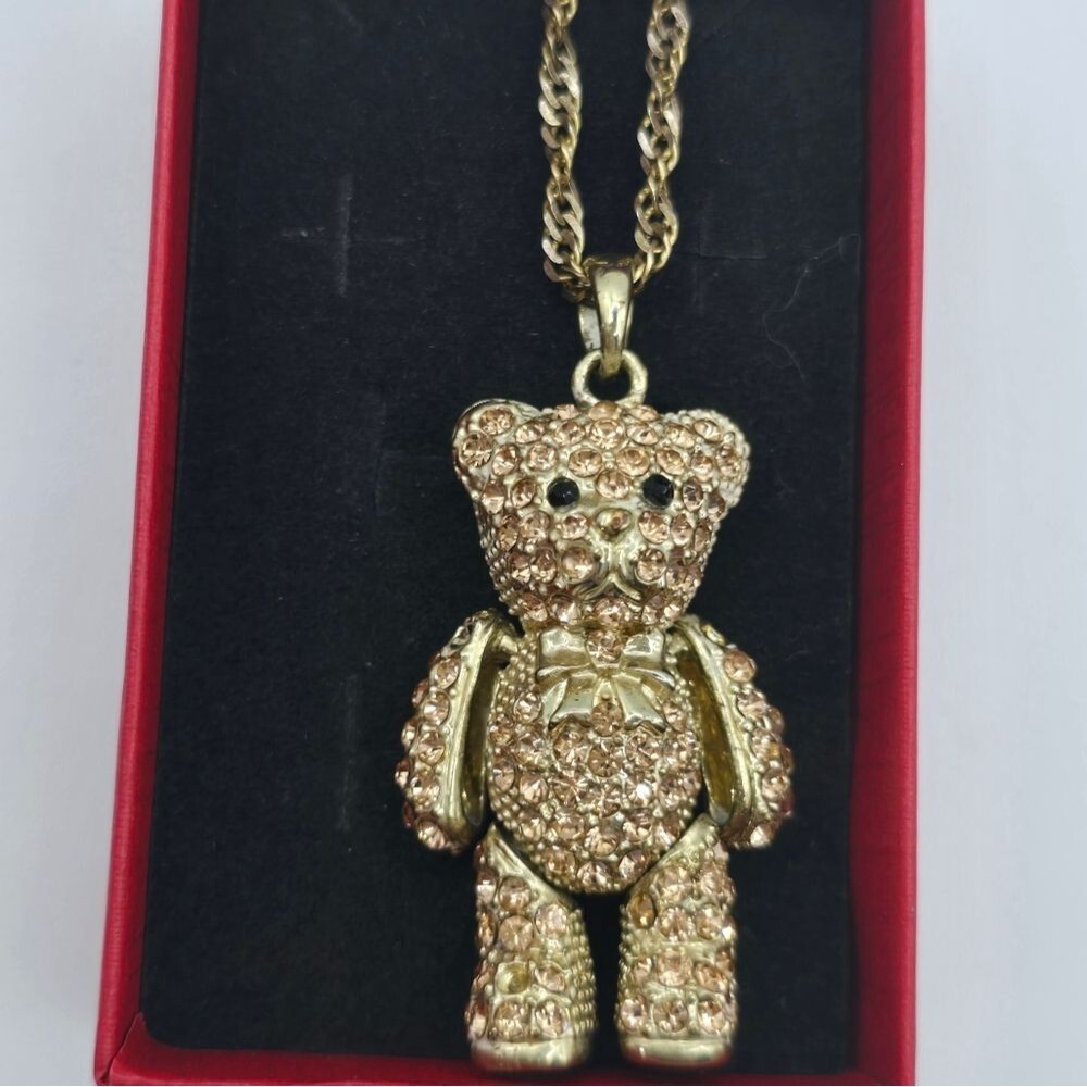 Black & Peach Crystal Gold Tone Teddy Bear Pendant On a 925 Gold Italy 18" Chain